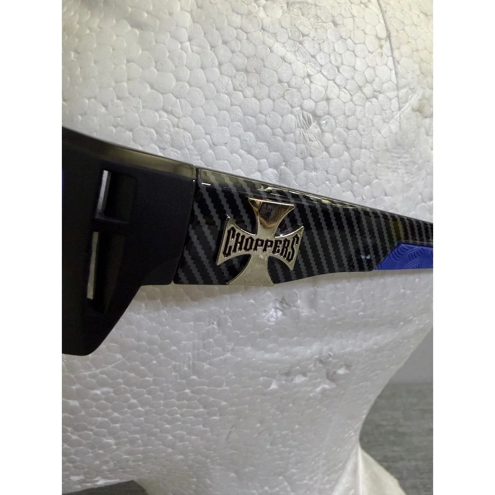 Choppers Sunglasses Mens OS Matte Black Blue Mirror Lens Biker Carbon Fiber Wrap